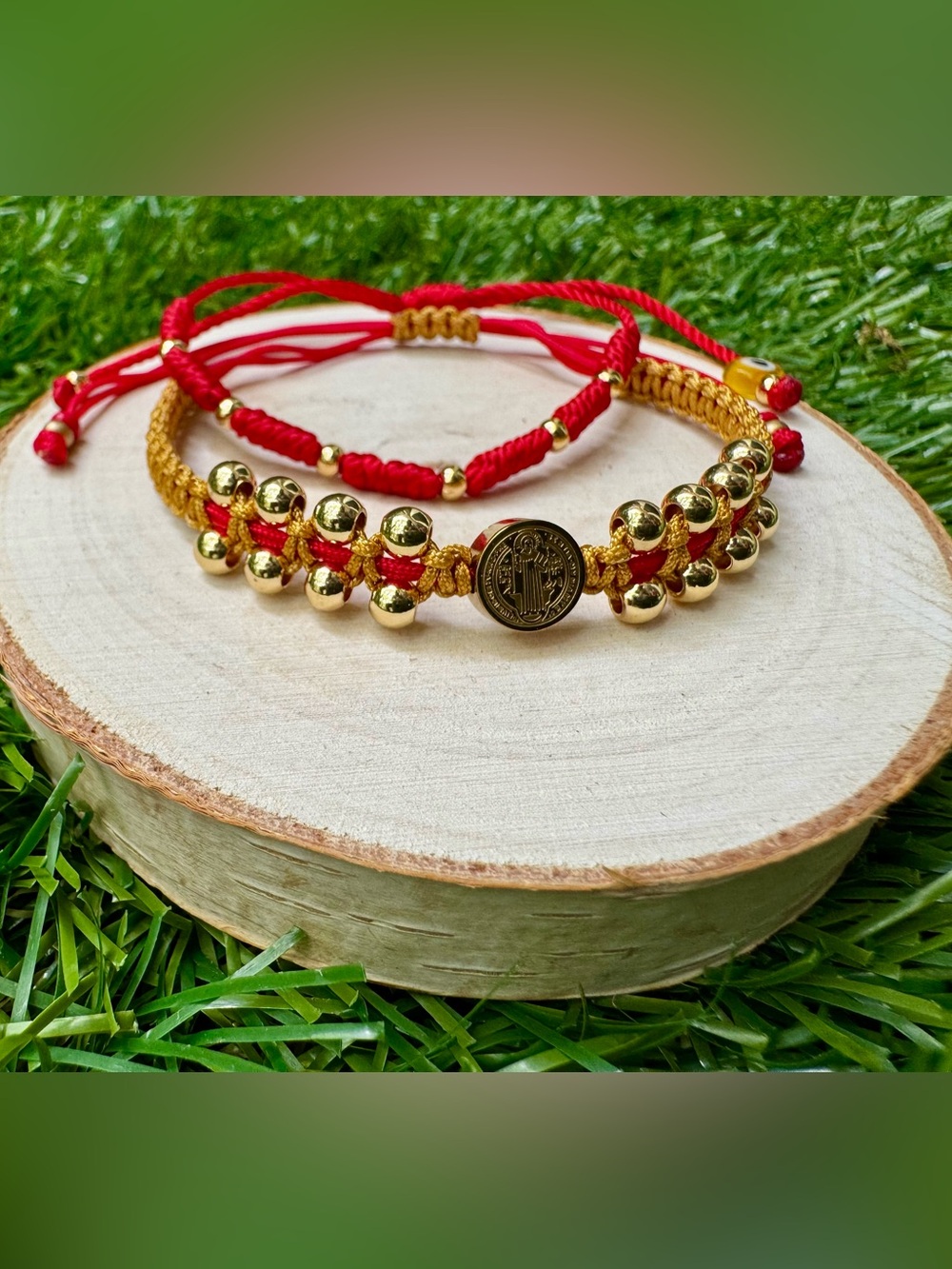 Red & Gold String Protection Bracelets Set of 2 San Benito/ 7-knot Adjustable